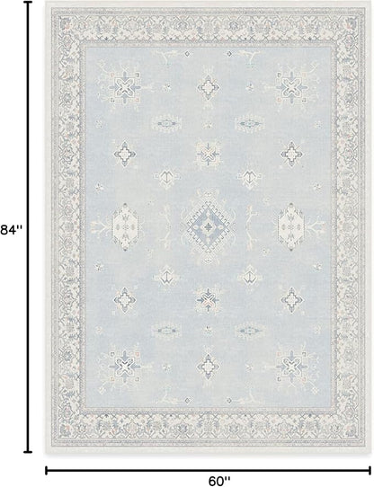 RUGGABLE Washable Vintage Area Rug – Verena Soft Blue 5x7, Stain-Resistant, Non-Slip – Medium Machine Washable Rugs for Living Room, Bedroom, Hallway, Entryway & Office–with Standard Pad