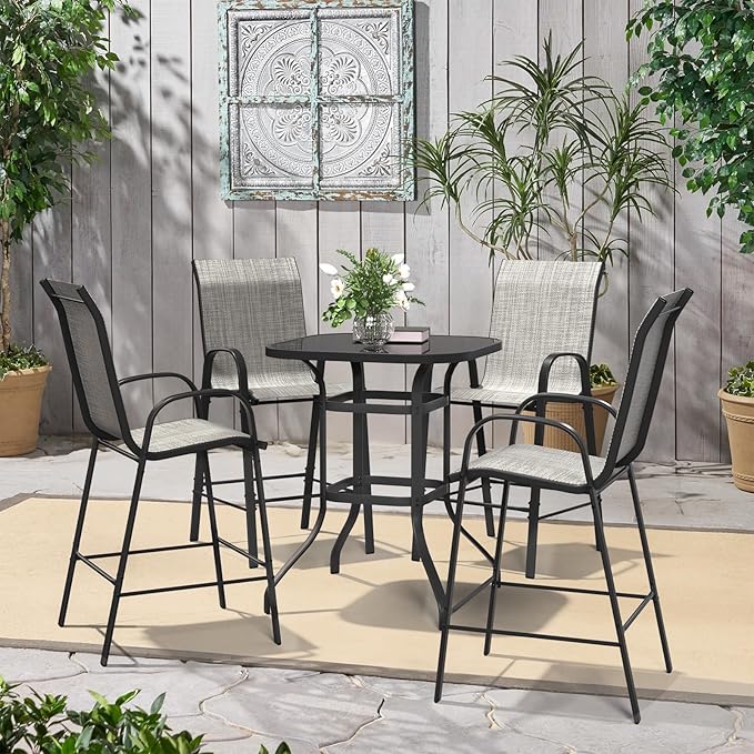 Amopatio Outdoor Bar Stools Set of 4, High Back Outdoor Bar Chairs, All-Weather Textile Bar Height Patio Chair, Sturdy Patio Bar Stools for Backyard, Porch, Light Grey