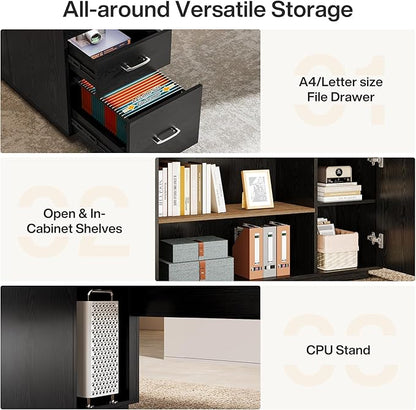 Tribesigns 85.8-Inch L-Shaped Executive Desk with File Drawers, Door Cabinet & Shelves, Extra Large Commercial Office Desk, Modern Professional Office Table, Business Furniture, Natural & Black