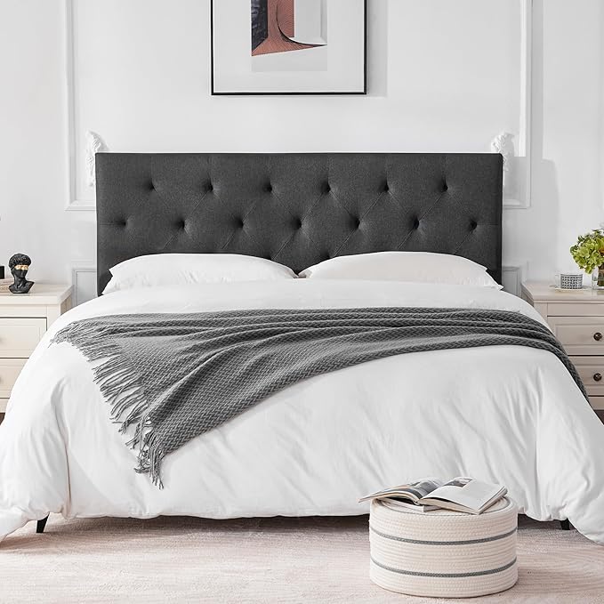 Linen Upholstered Headboard Twin Size, Diamond Tufting Solid Wood Twin XL Headboard Only, Adjustable Height from 37” to 51” Head Board, Dorm Bed Frame or Wall Mount Headboards, Dark Grey