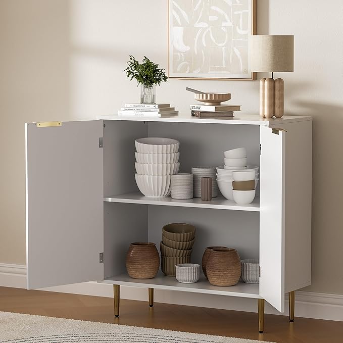 Buffet Sideboard Cabinet [Set of 2] with 4 Doors, Modern Cabinet with with Adjustable Shelf, Golden Handles & Legs, Coffee Bar Sideboard for Kitchen, Living Room, White