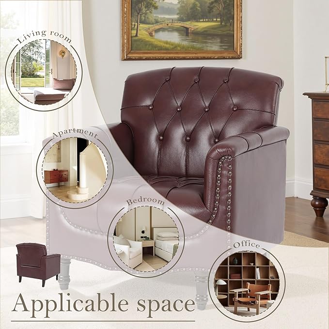 Pia Ricco Faux Leather Armchair Set of 2, Modern Accent Chairs with Nailhead Trim and Solid Wood Legs, Upholstered Comfort for Living Room, Office, Bedroom - Wine Red