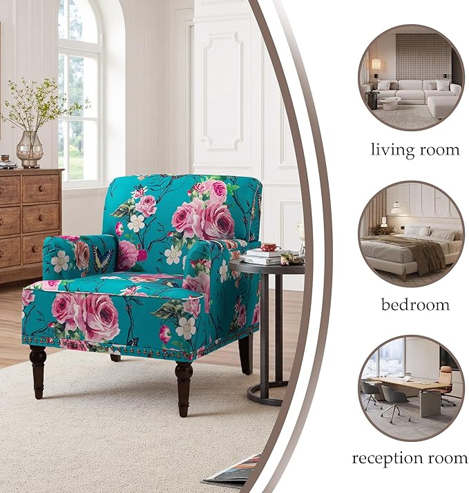 Pia Ricco Floral Accent Chairs 2 Pack - Modern Nailhead Trim Armchairs with Wood Legs, Upholstered Reading Chairs for Living Room Bedroom