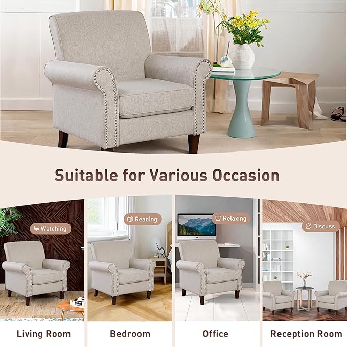 Prilinex Upholstered Living Room Chair Set of 2 - Large Comfy Fabric Accent Chair Single Sofa with Cushion, Rolled Armrest & Nailhead Trim, Mid Century Farmhouse Armchair for Bedroom, Office, Beige