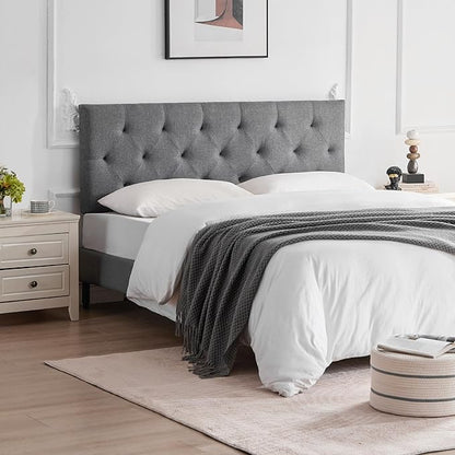 Linen Upholstered Headboard Twin Size, Diamond Tufting Solid Wood Twin XL Headboard Only, Adjustable Height from 37” to 51” Head Board, Dorm Bed Frame or Wall Mount Headboards, Light Grey