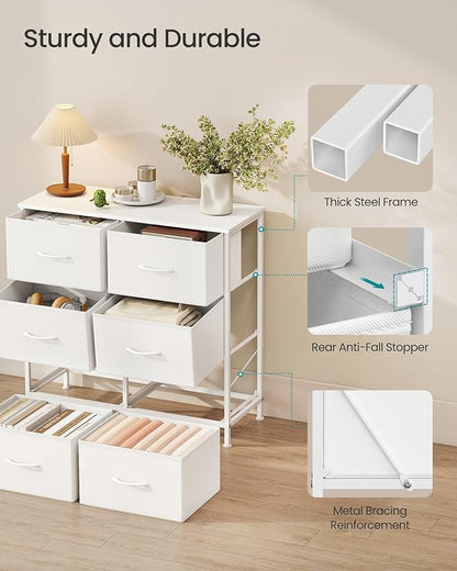 SONGMICS Dresser for Bedroom, Chest of Drawers, TV Stand, Steel, MDF, 6 Non-Woven Fabric Drawers, Storage Organizer Unit, Closet, Entryway, Cloud White and Snow White ULGS123W01S