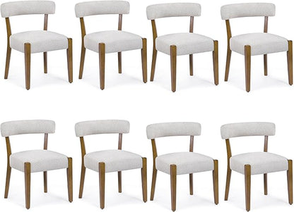 Modern Dining Chairs Set of 8, Walnut Upholstered Kitchen & Dining Room Chairs, Mid Century Modern Wooden Dining Chairs Oversized Sturdy Rounded Chairs Curved Back, Beige Fabric