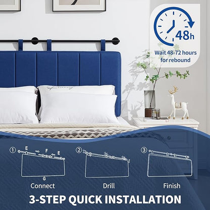 UEV Queen Headboard Only, Wall Mounted Hanging Upholstered Bed Head Board, Modern Vertical Channel Design of Fine Linen, Elegant Dark Blue Fluted Headboard for Bedroom (Dark Blue, Queen Size)