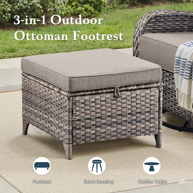 Belord Luxury 6" Thick Cushioned 10 Pieces Patio Furniture Set with Fire Pit Table, Wicker Outdoor Conversation Set with High Back Swivel Rocker Chairs for Deck Porch Yard and Poolside - Grey+Grey