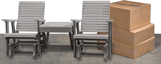DutchCrafters Modern Horizontal Slat High Back Poly Double Glider Chairs with Center Table Outdoor Patio Furniture (Black & Aruba Blue)