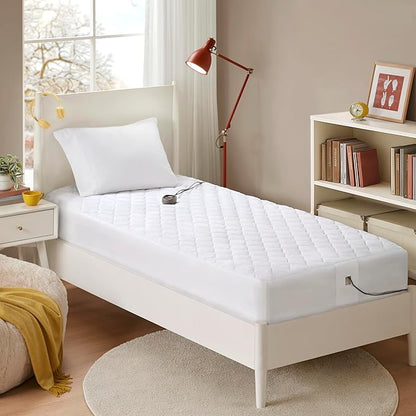 Beautyrest Cotton Heated Mattress Pad - Bed Warmer with 20 Heat Settings Controller, Auto Shut Off Timer, All Around Elastic Deep Pocket, UL Certified, Machine Washable, White Twin