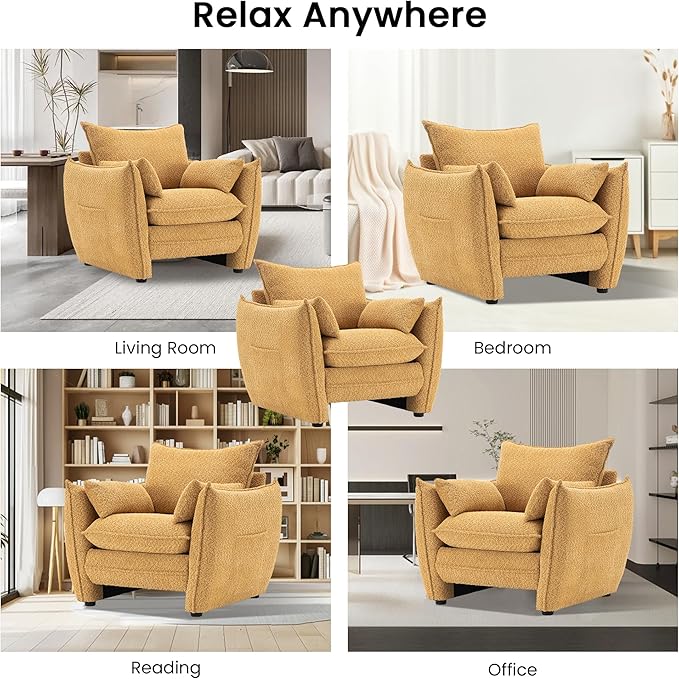 Chenille Oversized Accent Chairs, Modern Oversized Armchair with Removable Pillow, Comfy Living Room Chair with Side Pocket Storage for Bedroom, Office, Yellow