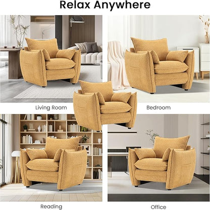Chenille Oversized Accent Chairs, Modern Oversized Armchair with Removable Pillow, Comfy Living Room Chair with Side Pocket Storage for Bedroom, Office, Yellow
