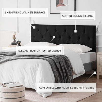 Linen Fabric Upholstered Headboard Queen Size, Modern Diamond Tufting Solid Wood Queen Headboard Only, Adjustable Height from 37” to 51” Head Board, Bed Frame or Wall Mount Headboards, Black