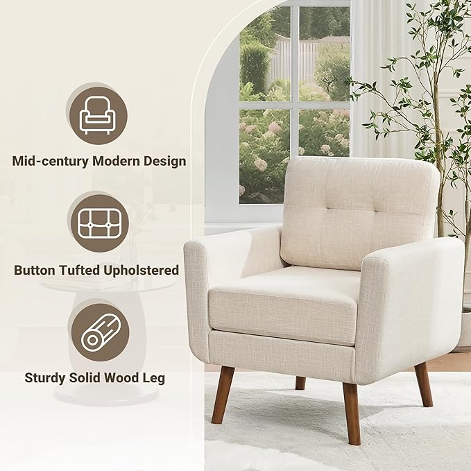 Tbfit Linen Fabric Accent Chairs Set of 2, Mid Century Modern Armchair for Living Room, Bedroom Button Tufted Upholstered Comfy Reading Accent Chair Sofa(Light Beige)