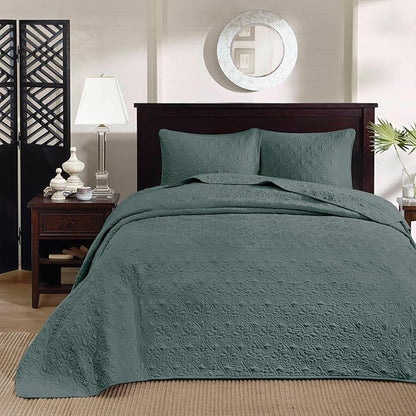 Madison Park Bedspread Set Reversible Damask Quilted Oversized Coverlet, Cotton-Filled Quilts Queen Oversized, All Season, Lofty & Warm Bedspread, Quebec, Queen Balsam Green 3 Piece