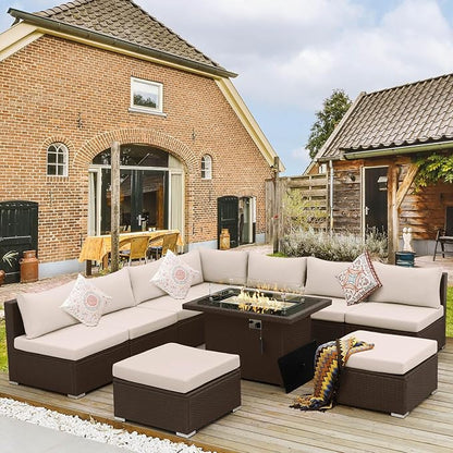 NICESOUL 10 Piece Patio Furniture Sectional Set with Fire Pit Propane/Natural Gas Convertible, 29.3'' High Back Deep Wide Outdoor Couch, 9 Seater Oversized High-End Wicker Conversation Sofas, Brown