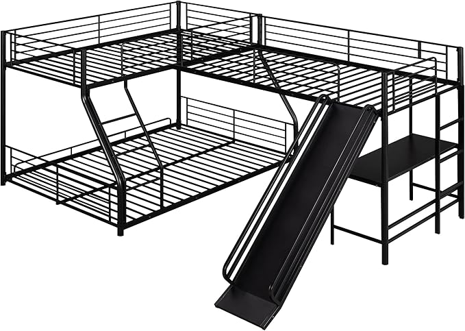 L-Shaped Twin Over Full Bunk Bed with Twin Size Loft Bed Frame Have Desk/Slide/Integrated Ladder/Full-Length Guardrails/Metal Slats Support/Easy to Assemble,for Adult Boy Girl,Black