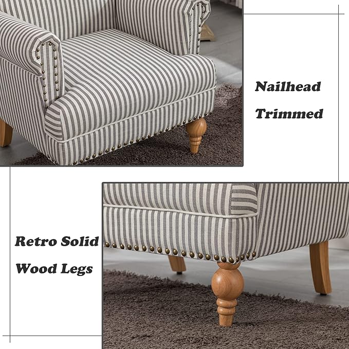 Linen Accent Chairs Set of 2 Mid-Century Modern Living Room Armchair with Nailhead Trim & Wood Legs Comfy Upholstered Single Sofa Chair for Lounge/Bedroom/Reception, Black Stripe