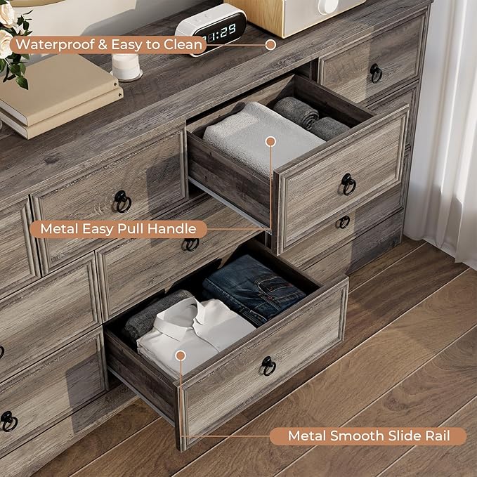 Farmhouse 10 Drawer Dresser for Bedroom – 63'' Long Dresser Wood Chest of Drawers,TV Stand for 75 inch TV, Storage Organizer Furniture, Hallway, Entryway, Closet, Brownish Grey