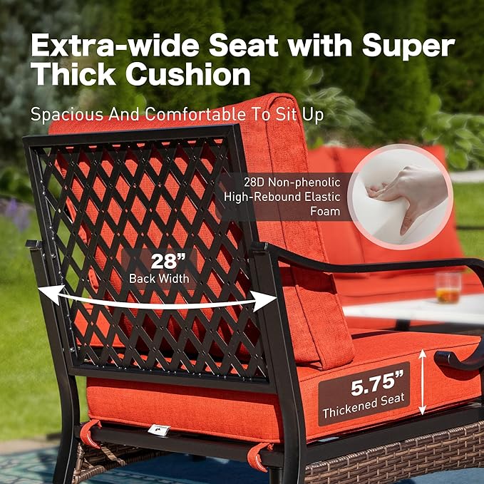 6 Piece Metal Outdoor Patio Furniture Set, Patio Conversation Set with Swivel Chair and 5.75" Thick Cushion & Coffee Tabl, Outdoor Seating Black Frame Backyard Furniture, Rust Red