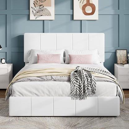 SHA CERLIN Queen Bed Frame, Velvet Upholstered Platform Bed Frame, Vertical Channel Tufted Adjustable Headboard, Low Profile Bed Frame, No Box Spring Needed, Easy Assembly, White