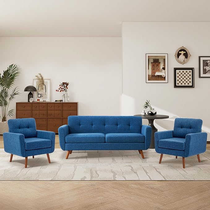 Tbfit Linen Fabric Accent Chairs Set of 2, Mid Century Modern Armchair for Living Room, Bedroom Button Tufted Upholstered Comfy Reading Accent Chair Sofa(Blue)