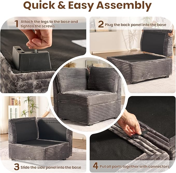 130'' Modern Modular Sectional Sofa with Ottoman, 8 Seater U Shaped Cloud Couch for Living Room, Oversized Deep Seat Convertible Sofa Set, Plush Corduroy Gray