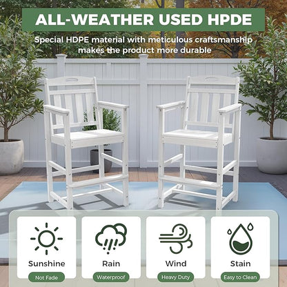HDPE Outdoor Patio Tall Bar Chair, All-Weather Bar Height Balcony Adirondack Stools for Bistro, Garden, Backyard, Deck | White