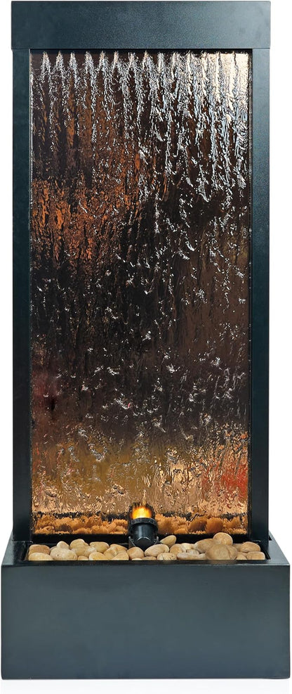 Alpine Corporation - Mirror Waterfall Fountain with Stones & Lights - Zen Indoor/Outdoor Decor for Office, Living Room, Patio, Entryway - 48 Inches (Bronze)