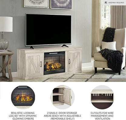 Signature Design by Ashley Bellaby Farmhouse 60" TV Stand with Electric Fireplace for TVs up to 69", Whitewash