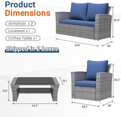 Wisteria Lane 4 Piece Patio Furniture Set, Wicker Outdoor Patio Conversation Furniture Set, All Weather Outdoor Patio Sofa with Cushion and Glass Table, Dark Blue