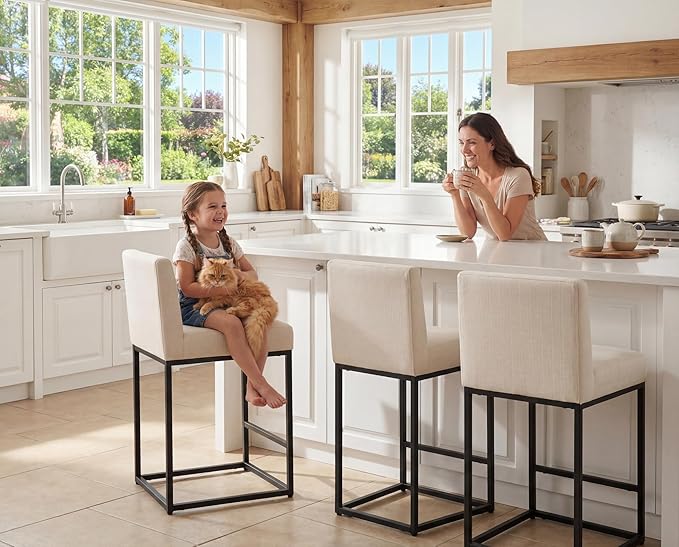 Counter Height Bar Stools Set of 4, Modern Metal Barstools 31 inch Seat Height Island Stools Linen Upholstered Farmhouse Bar Chairs with Back and Metal Legs, Beige