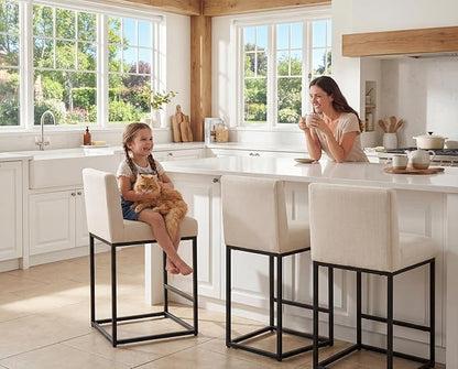 Counter Height Bar Stools Set of 4, Modern Metal Barstools 31 inch Seat Height Island Stools Linen Upholstered Farmhouse Bar Chairs with Back and Metal Legs, Beige