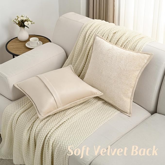 FUTEI Beige Chenille Throw Pillow Covers 20x20 Inch Set of 2,Soft Cozy Bound Edge Design Cushion Case,Home Decor for Couch Bed Living Room