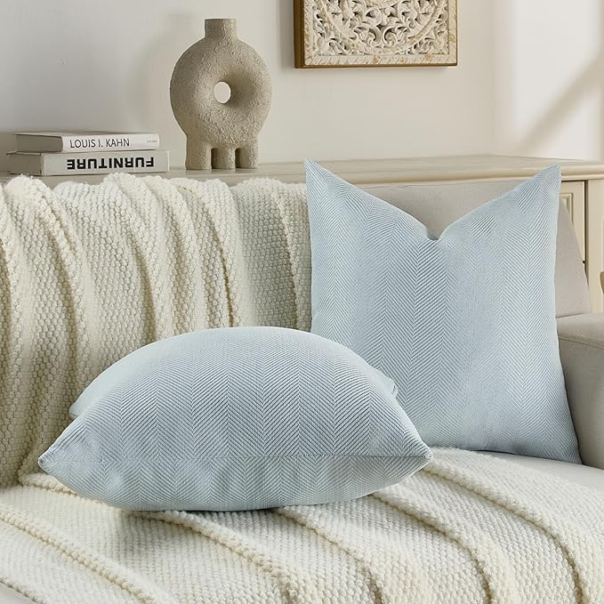 FUTEI Light Blue Chenille Throw Pillow Covers 12x20 Inch Set of 2,Soft Wide Chevron Textured Lumbar Pillow Cases,Farmhouse Home Decor for Couch Bed Living Room