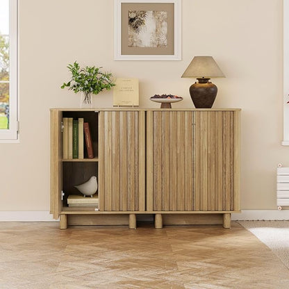 LukeAlon Fluted Sideboard Cabinet with Storage, 70" Farmhouse Boho Accent Buffet Cabinet, Wooden Credenza Cabinets for Living Room Dining Room Entryway Hallway, Natural Wood Color