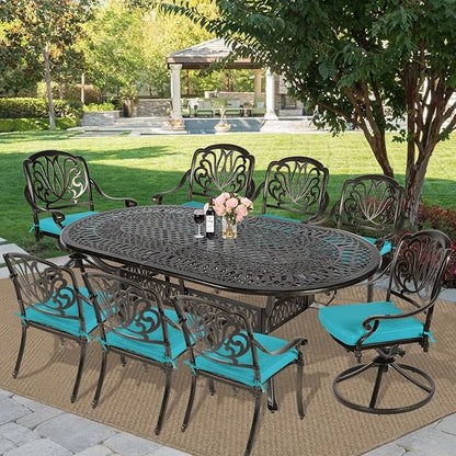 MEETWARM 9-Piece Outdoor Patio Dining Set, All-Weather Cast Aluminum Patio Conversation Set with 2 Swivel Rocker Chairs, 6 Stationary, 1 Oval Table, 8 Cushions, 2" Umbrella Hole, Ocean Blue