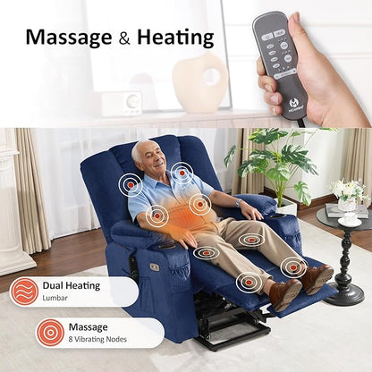 MCombo Oversized Power Lift Recliner Chair Sofa with Massage and Heat for Elderly People Petite, USB Ports, Side Pockets, Fabric R7561 (Navy Blue, Small-Oversize)