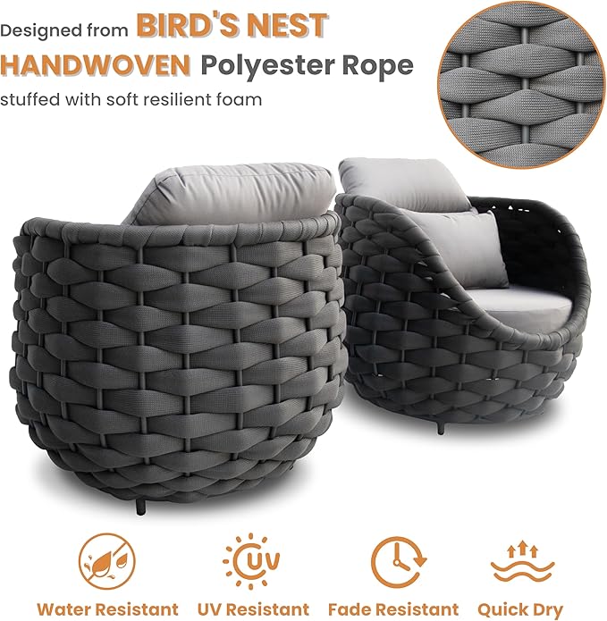 4-Piece Woven Rope Outdoor Seating Set: Alumunim Frame, No Assembly, All-Weather Accent Patio Furniture - Modern Garden Lounge Conversation Set for Backyard Deck Porch Poolside Hotel