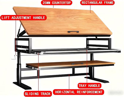 Studio Desk with Keyboard Tray | Hand-Crank Adjustable Standing Desk Workstation for Music Production, Cable Management, MIDI Keyboard Shelf (Natural, 55In)