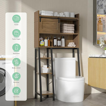 MU Over The Toilet Storage Cabinet with Sliding Door, 32.5" W Free Standing Toilet Shelf Space Saver with 3 Side Hooks & Anti-Tip Design, Space-Saving Toilet Rack for Bathroom, Laundry, Brown