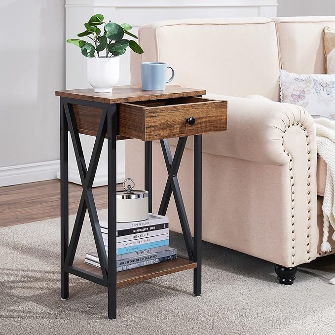 VECELO Tall Nightstand,27.6 inch Wooden End Table with Metal X-Frame,Side Table with Drawer and Storage Shelf for Living Room Bedroom Entryway Small Spaces