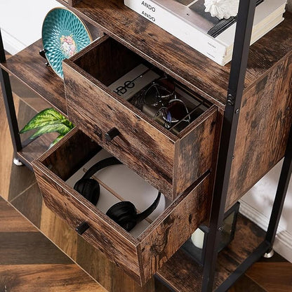 VECELO 5-Tier Bookshelf with 2 Storage Drawers & 1 Cabinet,Industrial Display Standing Shelf, Metal Frame Wood Storage Shelf,Open Bookcases for Living Room, Bedroom, Home,Office