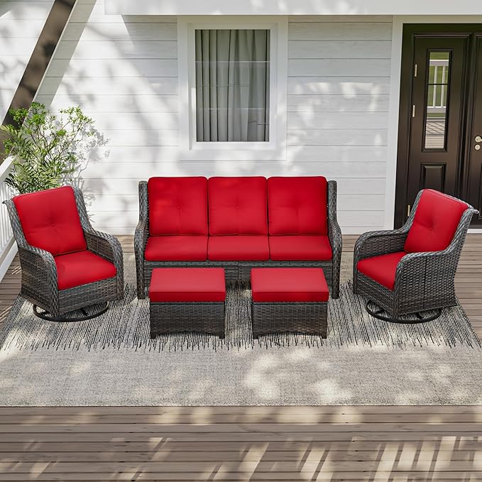 5 Pieces Outdoor Patio Furniture Set - Conversation Set Includes Wicker Swivel Rocker Chairs Set of 2, 2 Ottoman, 3 Seat Sofa, Suitable for Porch, Yard, Mixed Brown Rattan, Red
