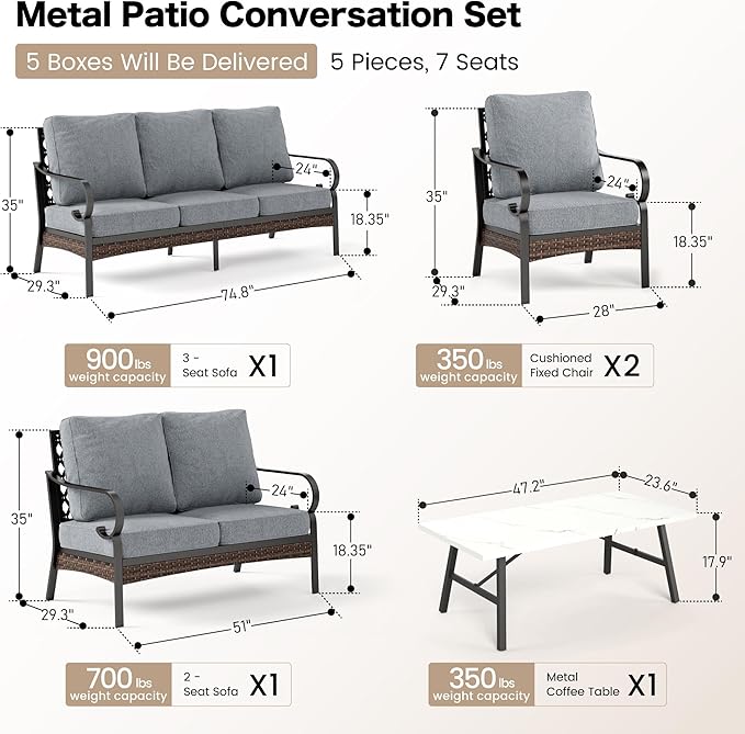 5 Piece Metal Outdoor Patio Furniture Set, Patio Conversation Set with 1 3-Seater Sofa, 2 Fixed Sofa with 5.75" Thick Cushion & Coffee Table, Black & Gray Backyard Furniture
