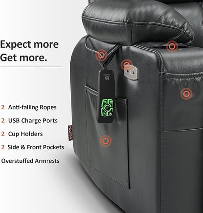 MCombo Dual Motor Power Lift Recliner Chair for Elderly, Lay Flat Lift Chair with Heat and Massage, Petite Wide Lift Chair, Cup Holders, USB A&C Ports, Faux Leather R7894 (Black, Small-Wide)