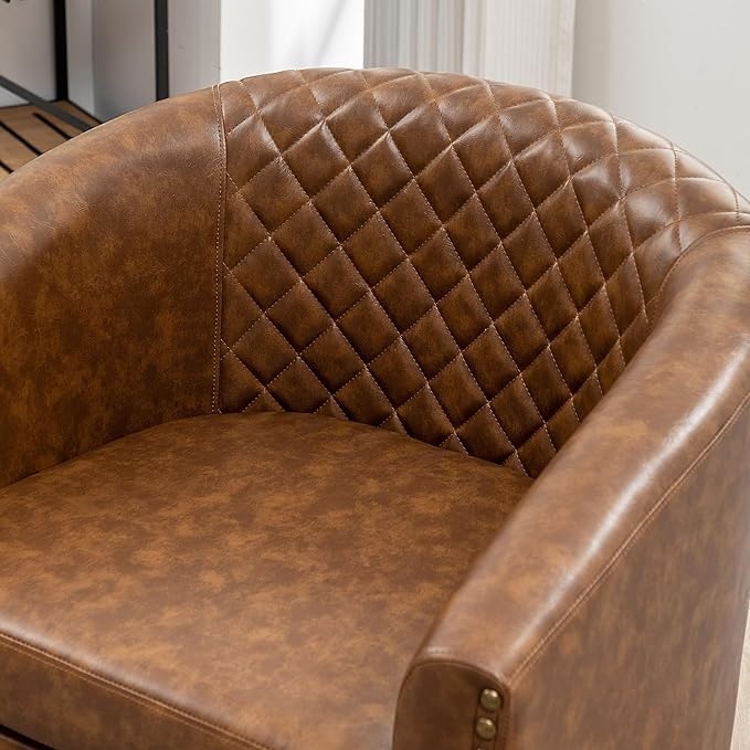 KINWELL 29" W Faux Leather Barrel Chairs Set of 2, Modern PU Upholstered Tufted Club Chairs with Nailhead Trim, Small Armchairs Accent Chairs for Living Room Bedroom Apartment Lounge Nursery, Coffee