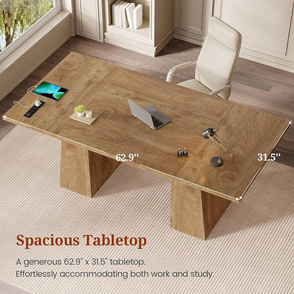 63 in Executive Desk with Power Outlets, Modern Home Office Desk with Storage Cabinet, Wood Computer Desk Business Workstation Desk Conference Table (Oak)