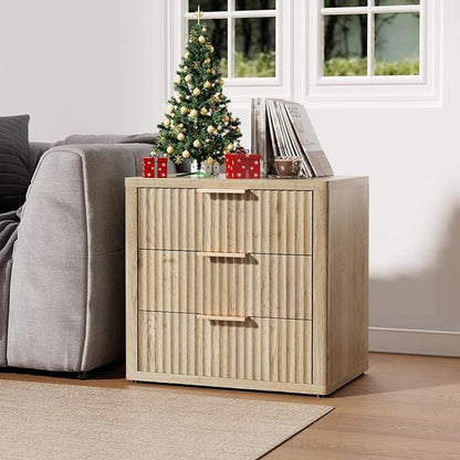 Night Stand with 3 Drawers, 23" Wide Modern Nightstand with Large Storage, Fluted Bed Side Table with Metal Handle, End Table Tall Nightstand for Bedroom, Living Room, Office, Nature